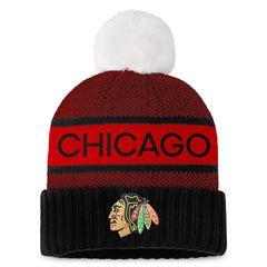 Chicago Blackhawks Fanatics Women's Authentic Pro Rink Cuffed Knit Hat with Pom - Black/Red | US 200000792