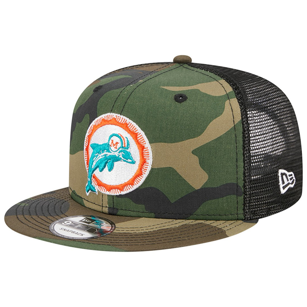 Miami Dolphins New Era Throwback Main Trucker 9FIFTY Snapback Hat - Camo Hats