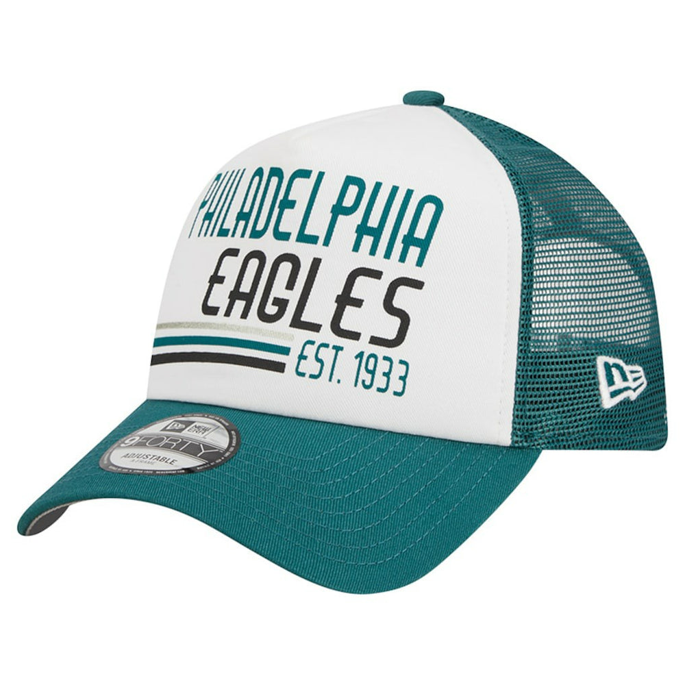 Philadelphia Eagles New Era Stacked A-Frame Trucker 9FORTY Adjustable Hat - White/Midnight Green Hats