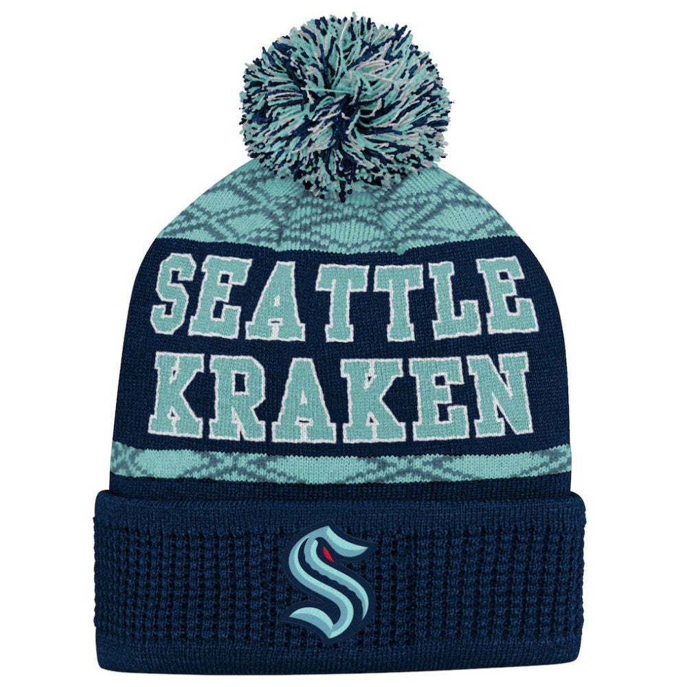 Seattle Kraken Youth Puck Cuffed Knit Hat with Pom - Deep Sea Blue | US 200025340