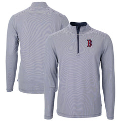 Boston Red Sox Cutter & Buck Virtue Eco Pique Micro Stripe Recycled Quarter-Zip Pullover Top - Navy/White Pullover