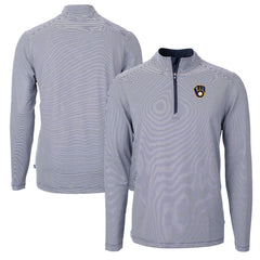 Milwaukee Brewers Cutter & Buck Virtue Eco Pique Micro Stripe Recycled Quarter-Zip Pullover Top - Navy/White Pullover
