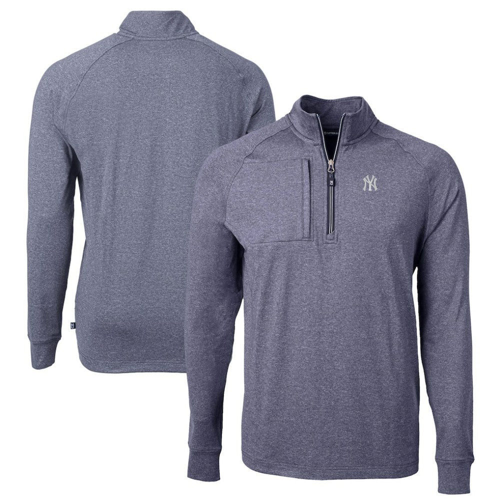 New York Yankees Cutter & Buck Adapt Eco Knit Stretch Recycled Quarter-Zip Pullover Top - Heather Navy Pullover