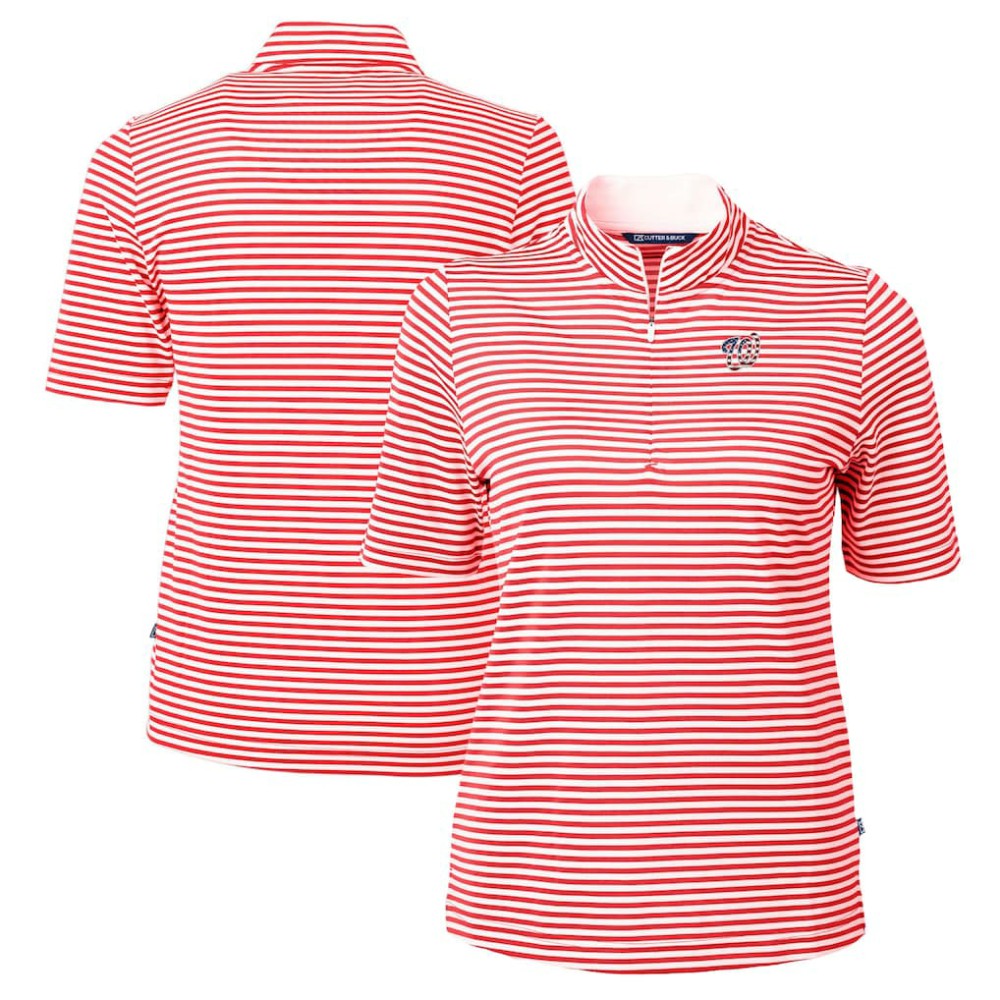 Washington Nationals Cutter & Buck Women's Virtue Eco Pique Stripe Recycled Quarter-Zip Pullover Top - Red Pullover