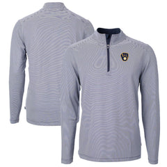 Milwaukee Brewers Cutter & Buck Virtue Eco Pique Micro Stripe Big & Tall Recycled Quarter-Zip Pullover Top - Navy/White Pullover