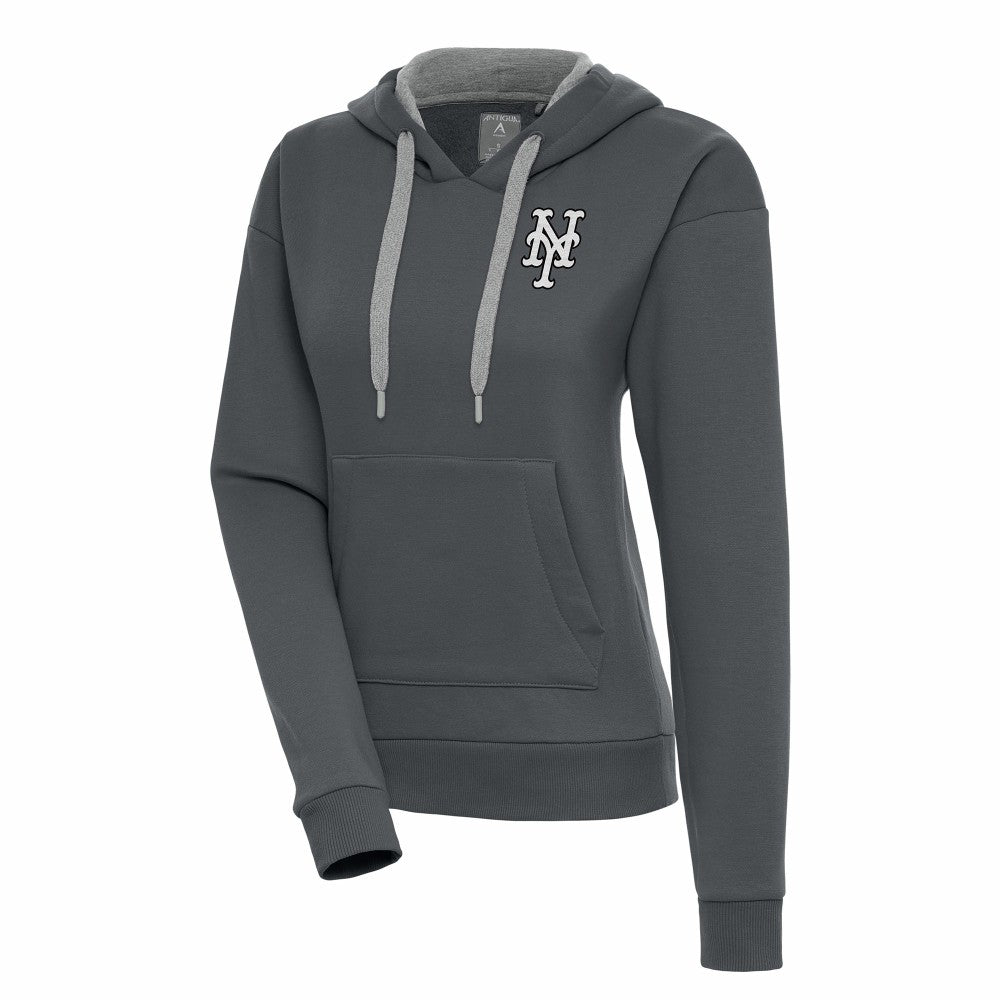 New York Mets Antigua Women's Brushed Metallic Victory Pullover Hoodie - Charcoal Hoodies