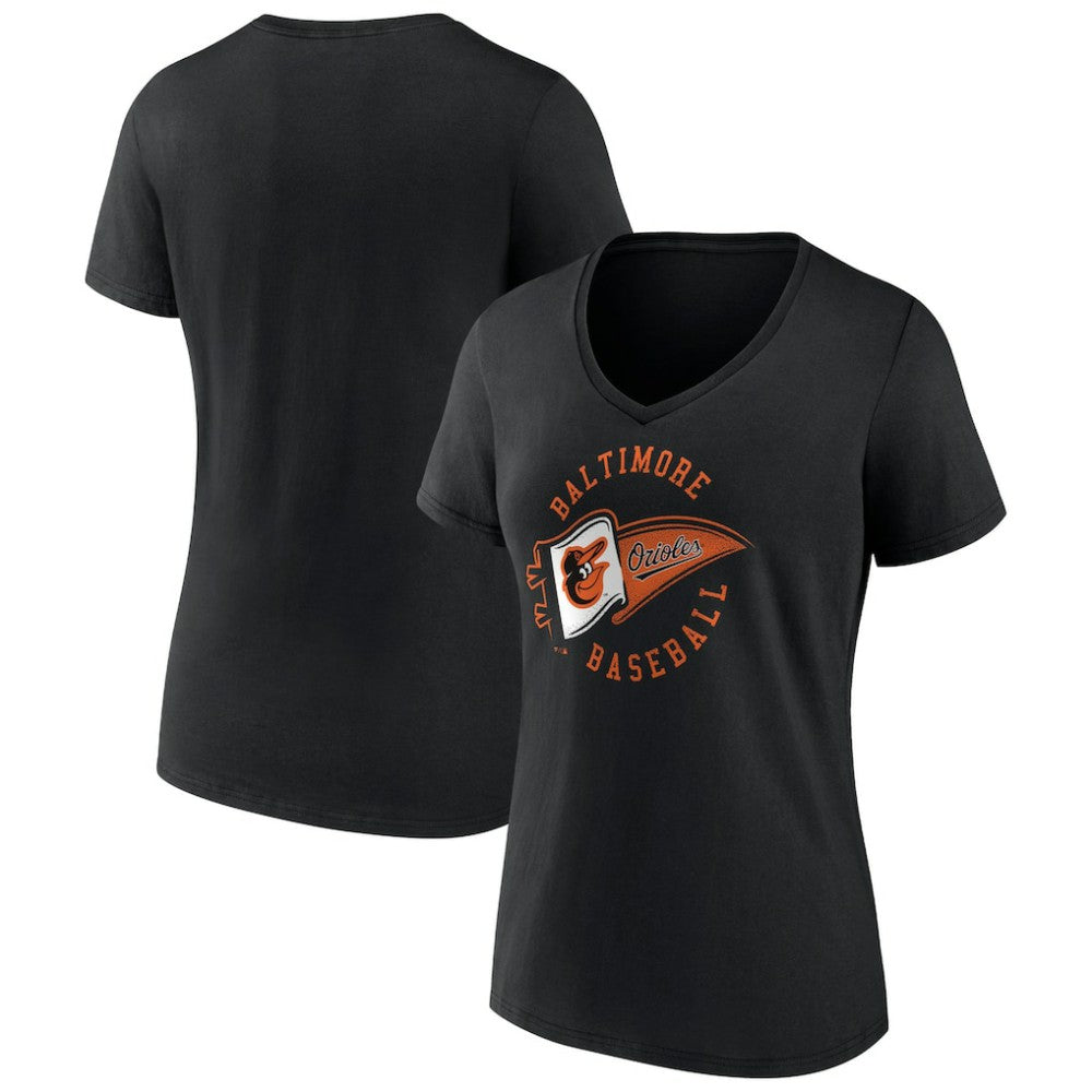 Baltimore Orioles Women's Hometown Baltimore Pennant V-Neck T-Shirt - Black T-shirts