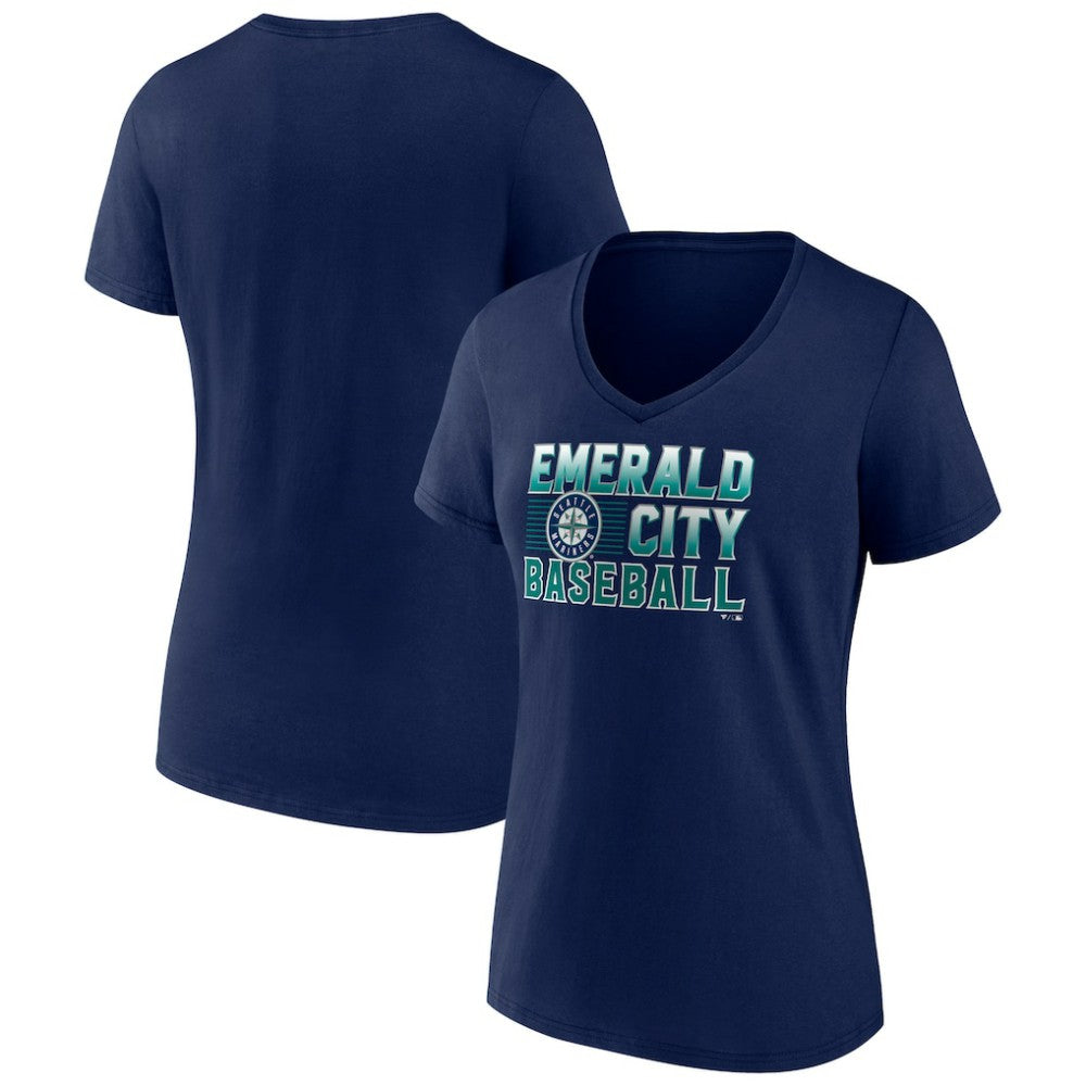 Seattle Mariners Women's Hometown Emerald Baseball V-Neck T-Shirt - Navy T-shirts