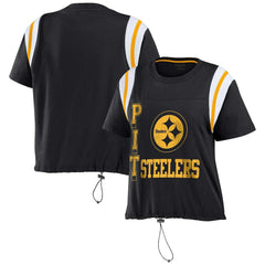 Pittsburgh Steelers WEAR by Erin Andrews Women's Cinched Colorblock T-Shirt - Black T-shirts