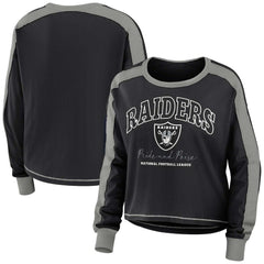 Las Vegas Raiders WEAR by Erin Andrews Women's Color Block Modest Crop Long Sleeve T-Shirt - Black/Silver T-shirts