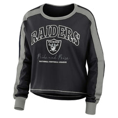 Las Vegas Raiders WEAR by Erin Andrews Women's Color Block Modest Crop Long Sleeve T-Shirt - Black/Silver T-shirts