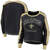 New Orleans Saints WEAR by Erin Andrews Women's Color Block Modest Crop Long Sleeve T-Shirt - Black/Gold T-shirts