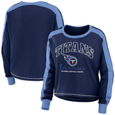 Tennessee Titans WEAR by Erin Andrews Women's Color Block Modest Crop Long Sleeve T-Shirt - Navy/Light Blue T-shirts