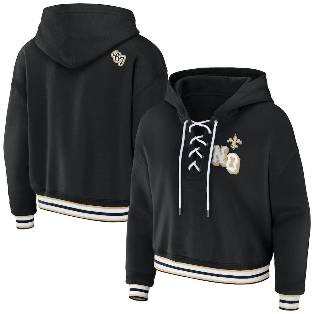 New Orleans Saints WEAR by Erin Andrews Women's Lace-Up Pullover Hoodie - Black Hoodies