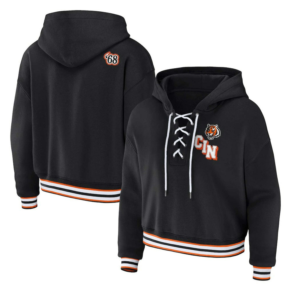 Cincinnati Bengals WEAR by Erin Andrews Women's Plus Size Lace-Up Pullover Hoodie - Black Hoodies