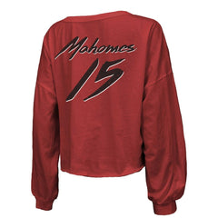 Patrick Mahomes Kansas City Chiefs Majestic Threads Women's Name & Number Off-Shoulder Script Cropped Long Sleeve Relaxed V-Neck T-Shirt - Red T-shirts