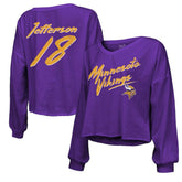 Justin Jefferson Minnesota Vikings Majestic Threads Women's Name & Number Off-Shoulder Script Cropped Long Sleeve V-Neck T-Shirt - Purple T-shirts