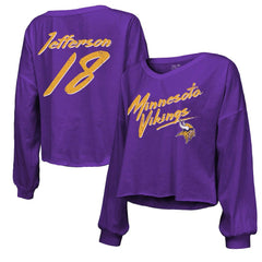 Justin Jefferson Minnesota Vikings Majestic Threads Women's Name & Number Off-Shoulder Script Cropped Long Sleeve V-Neck T-Shirt - Purple T-shirts