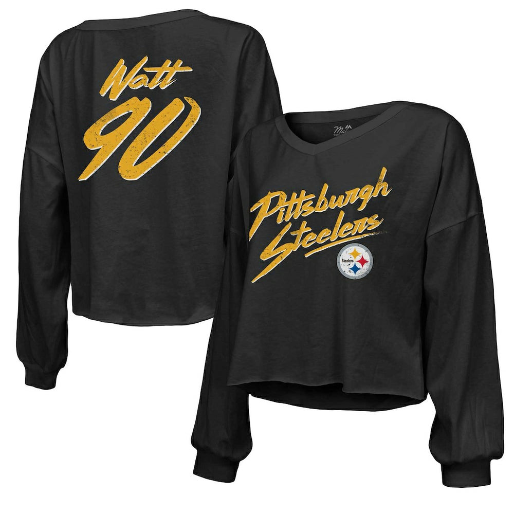 T.J. Watt Pittsburgh Steelers Majestic Threads Women's Name & Number Off-Shoulder Script Cropped Long Sleeve Relaxed V-Neck T-Shirt - Black T-shirts