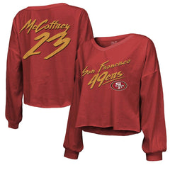 Christian McCaffrey San Francisco 49ers Majestic Threads Women's Name & Number Off-Shoulder Script Cropped Long Sleeve V-Neck T-Shirt - Scarlet T-shirts