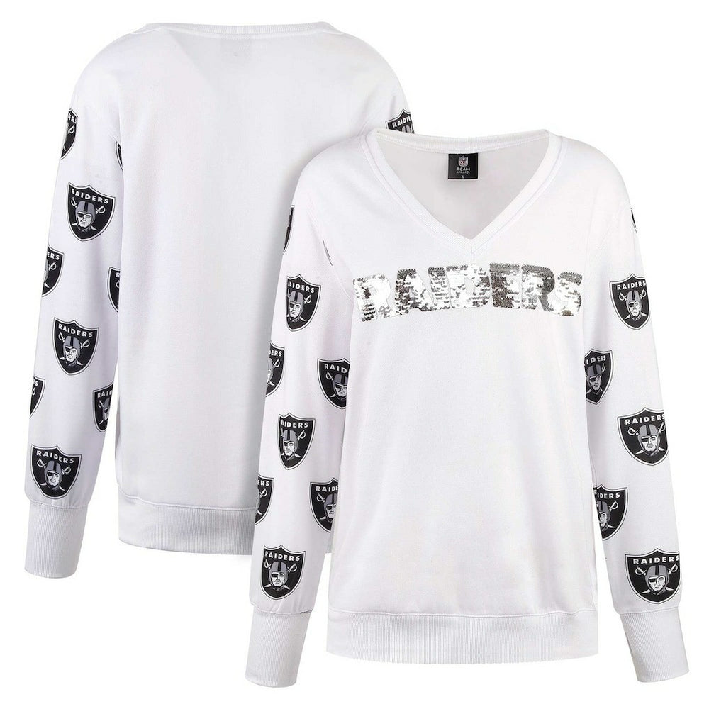 Las Vegas Raiders Cuce Women's Sequin Fleece V-Neck T-Shirt - White T-shirts