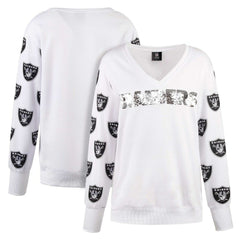 Las Vegas Raiders Cuce Women's Sequin Fleece V-Neck T-Shirt - White T-shirts