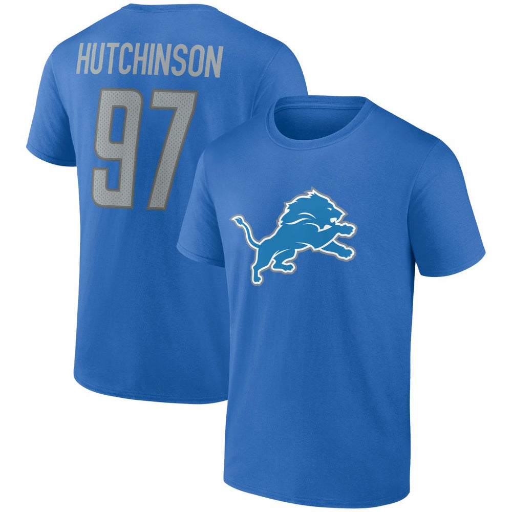 Aidan Hutchinson Detroit Lions Player Icon Name & Number T-Shirt - Blue T-shirts