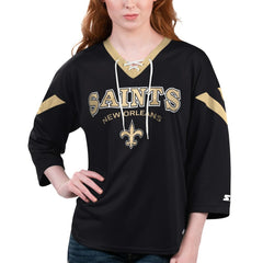 New Orleans Saints Starter Women's Rally Lace-Up 3/4 Sleeve T-Shirt - Black T-shirts