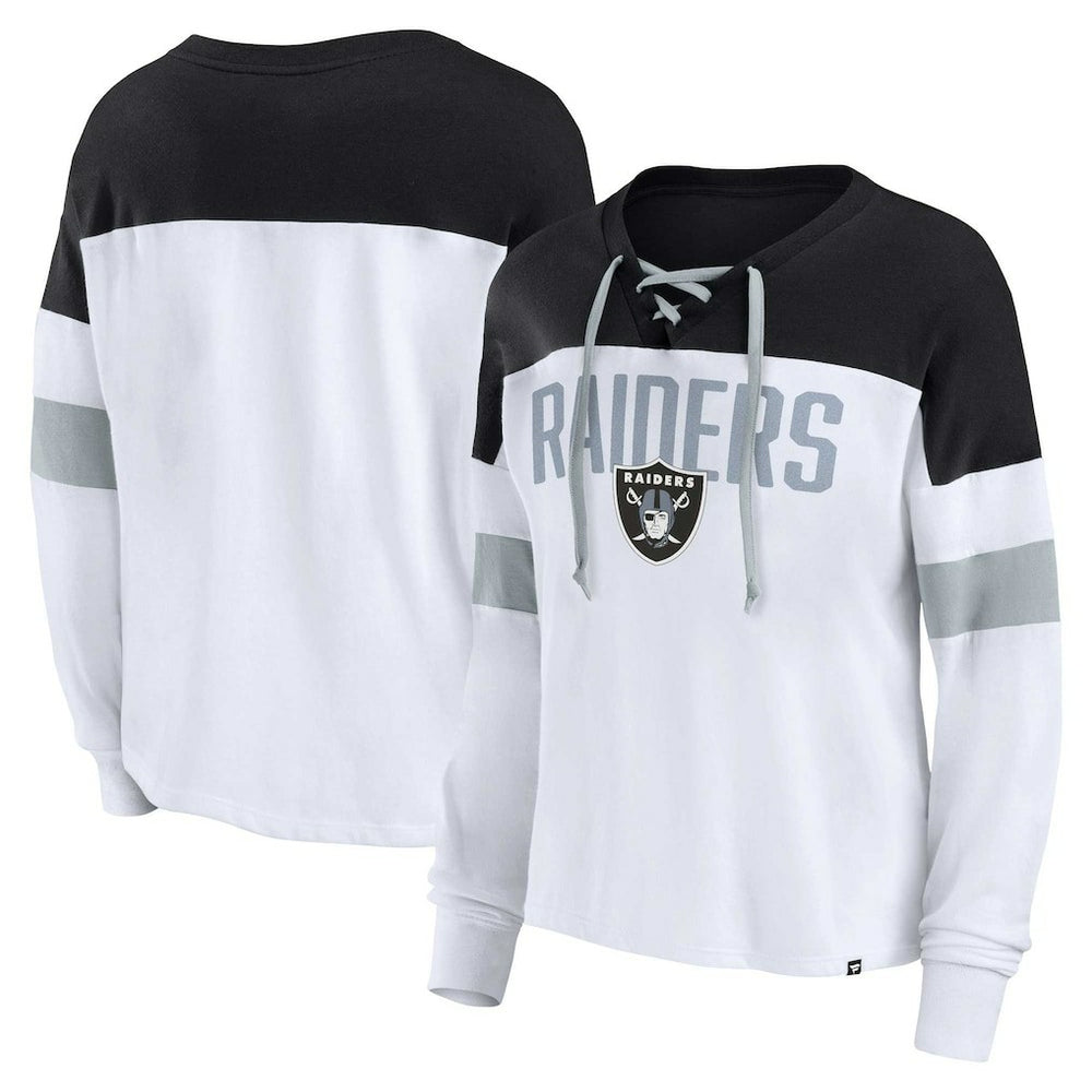 Las Vegas Raiders Women's Plus Size Even Match Lace-Up Long Sleeve V-Neck Top - White/Black Tops