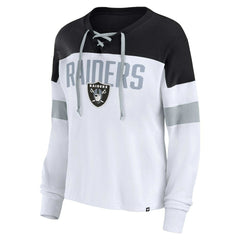 Las Vegas Raiders Women's Plus Size Even Match Lace-Up Long Sleeve V-Neck Top - White/Black Tops