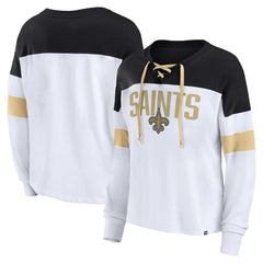 New Orleans Saints Women's Plus Size Even Match Lace-Up Long Sleeve V-Neck Top - White/Black Tops