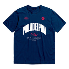 Philadelphia 76ers Bleacher Report x Unisex World Tour T-Shirt Navy - Mitchell & Ness