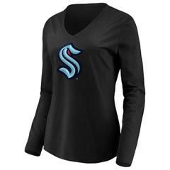 Seattle Kraken Women's Primary Logo V-Neck Long Sleeve T-Shirt - Black | US 200131914