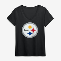 Pittsburgh Steelers Logo Athletic Women's Primary Logo V-Neck T-Shirt - Black T-shirts