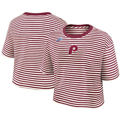 Philadelphia Phillies Nike Women's Cooperstown Collection Striped Cropped T-Shirt - Burgundy/Cream T-shirts