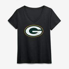 Green Bay Packers Logo Athletic Women's Primary Logo V-Neck T-Shirt - Black T-shirts