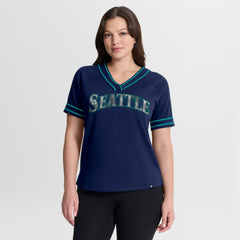 Seattle Mariners Fanatics Women's Diva Race Ahead Raglan V-Neck T-Shirt - Navy T-shirts