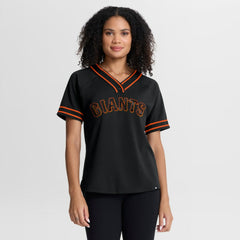 San Francisco Giants Fanatics Women's Diva Race Ahead Raglan V-Neck T-Shirt - Black T-shirts
