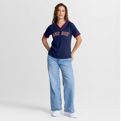 Boston Red Sox Fanatics Women's Diva Race Ahead Raglan V-Neck T-Shirt - Navy T-shirts