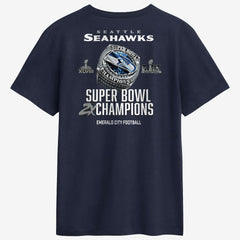 Seattle Seahawks Two-Time Super Bowl Champions Downtown Ring Club T-Shirt - College Navy T-shirts