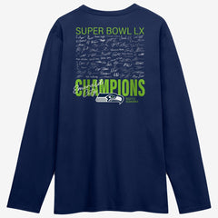 Seattle Seahawks Super Bowl LX Champions Autograph Signing Long Sleeve Roster T-Shirt - College Navy T-shirts