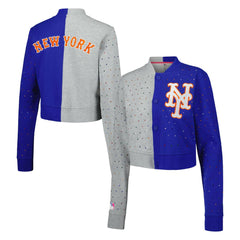 New York Mets Terez Women's Cropped Button-Up Cardigan - Gray/Royal