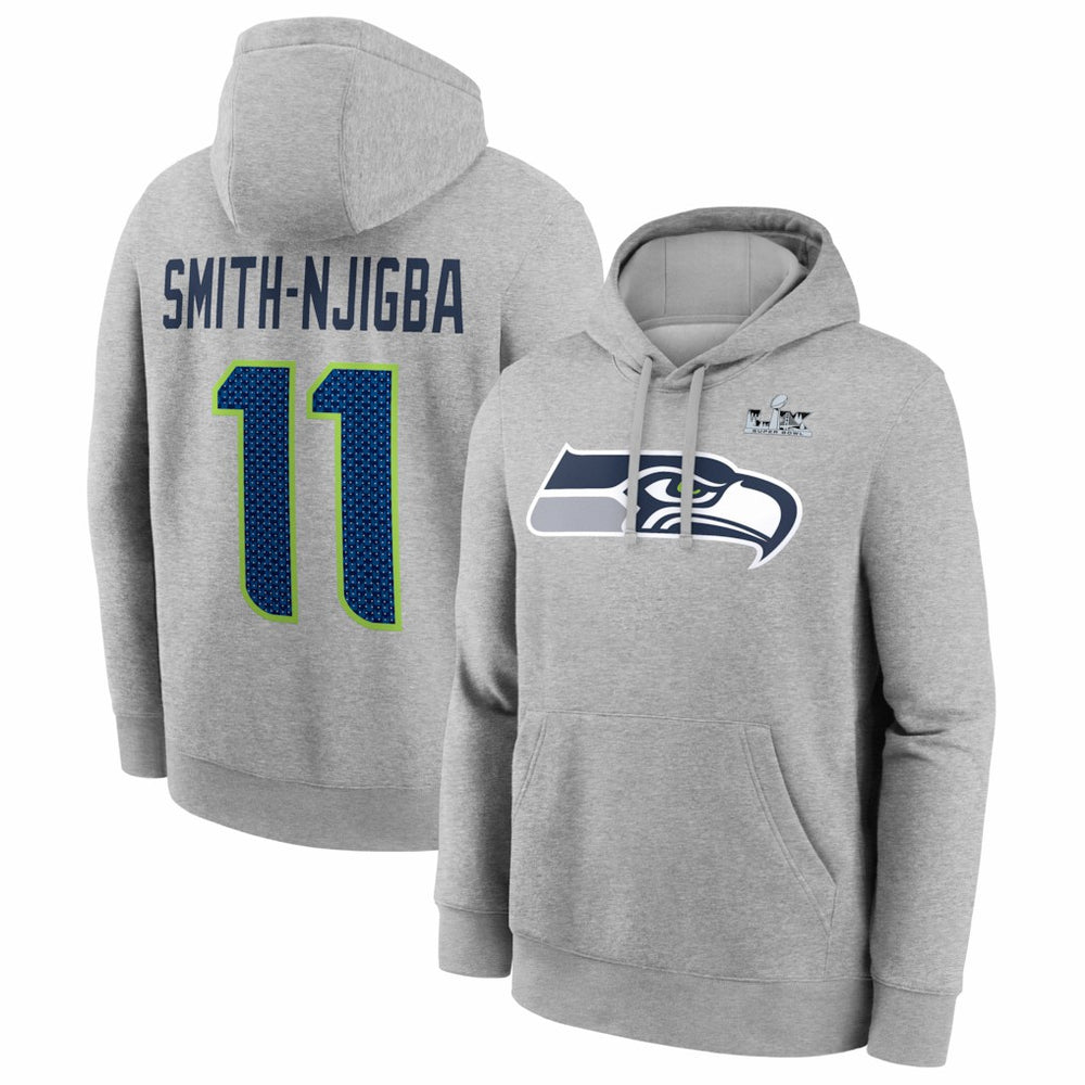Jaxon Smith-Njigba Seattle Seahawks Super Bowl LX Patch Name & Number Hoodie - Heather Gray Hoodies