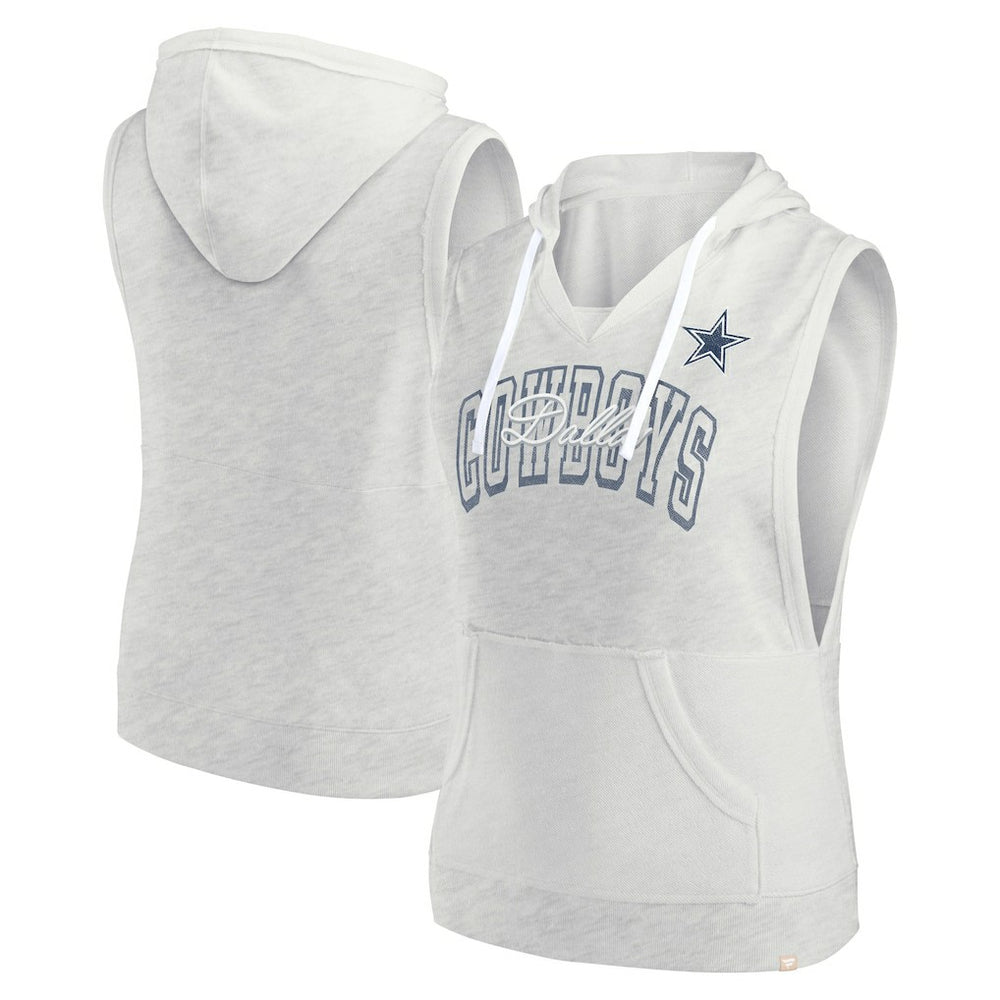 Dallas Cowboys Women's Lounge Script Sleeveless V-Neck Pullover Hoodie - Oatmeal Hoodies