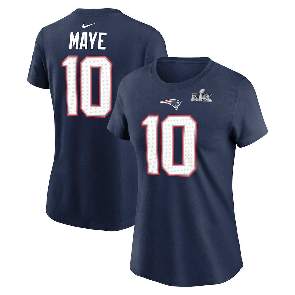 Drake Maye New England Patriots Women's Super Bowl LX Patch Name & Number T-Shirt - Navy T-shirts