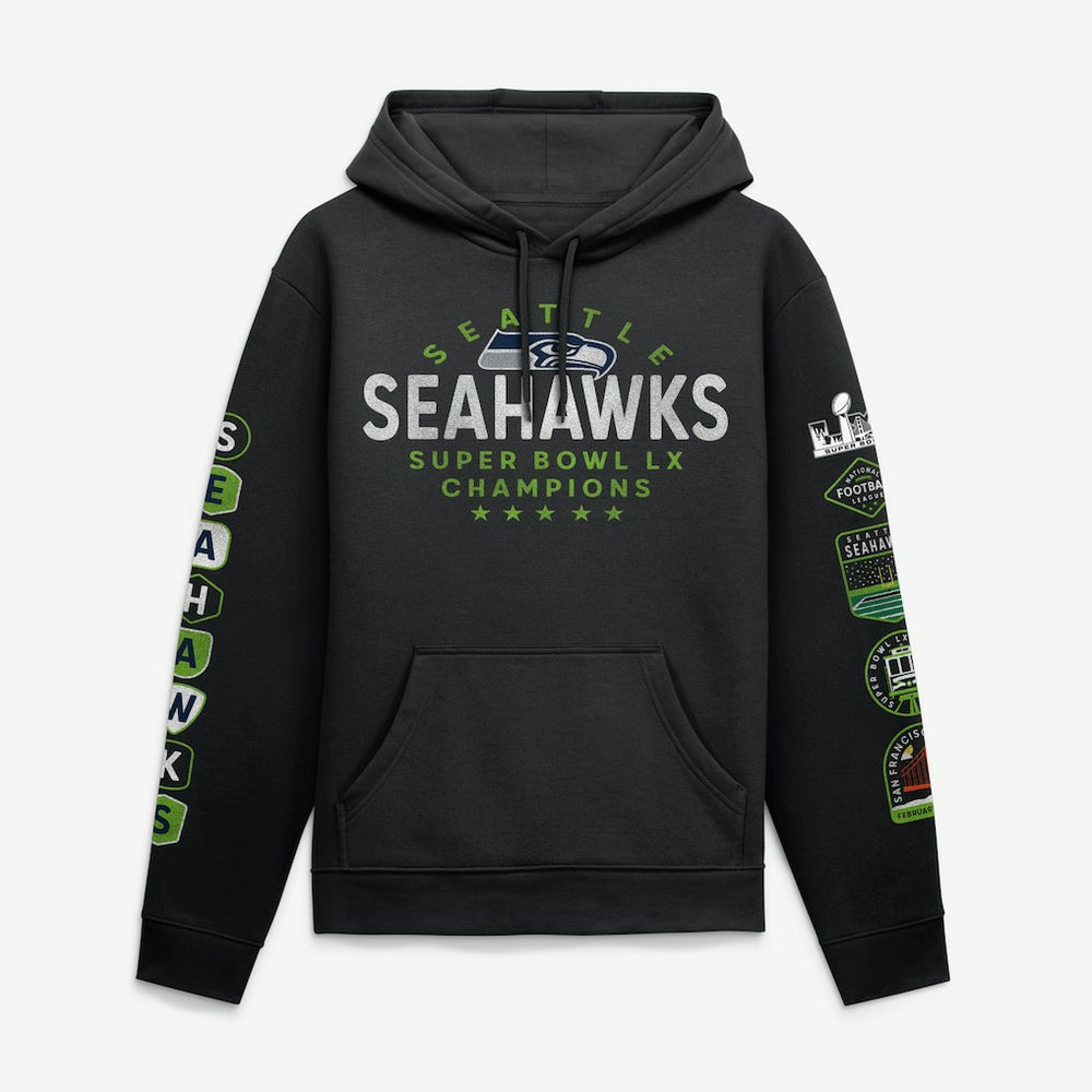 Seattle Seahawks Super Bowl LX Champions Banner Year Hoodie - Black Hoodies