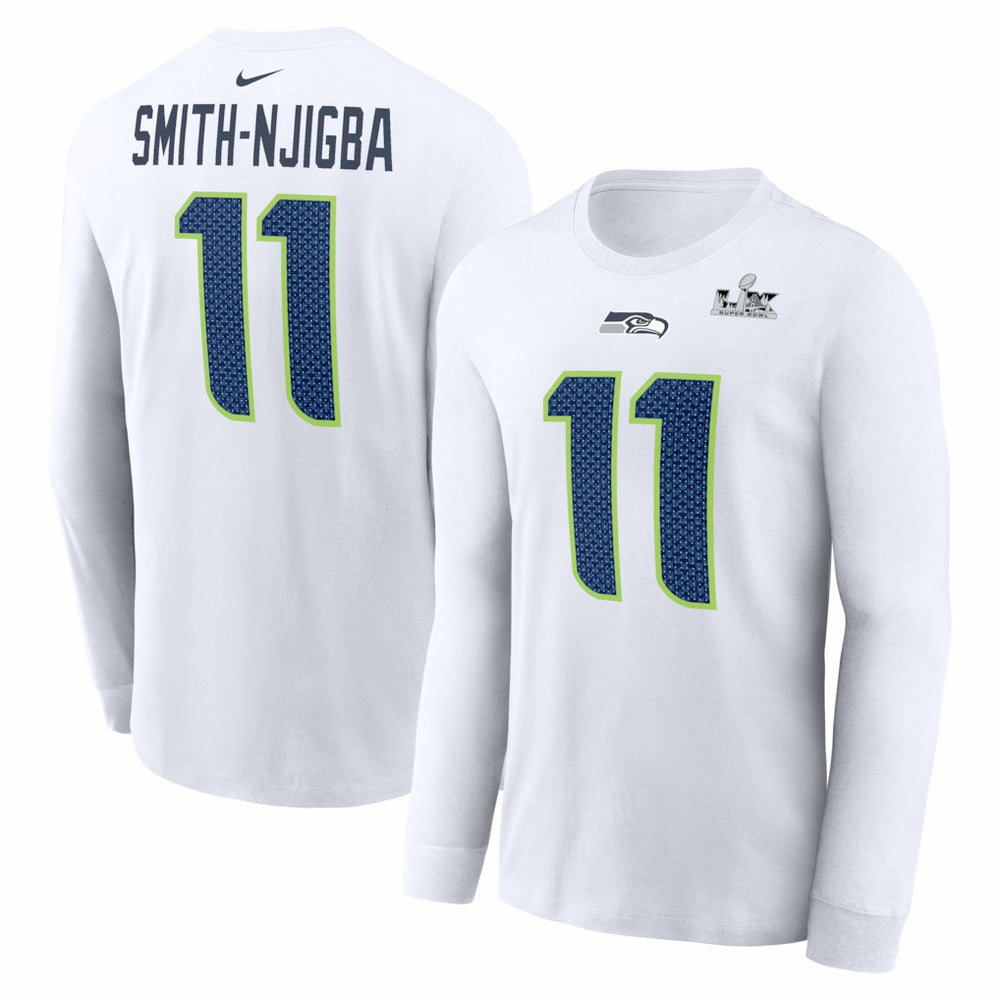 Jaxon Smith-Njigba Seattle Seahawks Super Bowl LX Champions Patch Name & Number Long Sleeve T-Shirt - White T-shirts