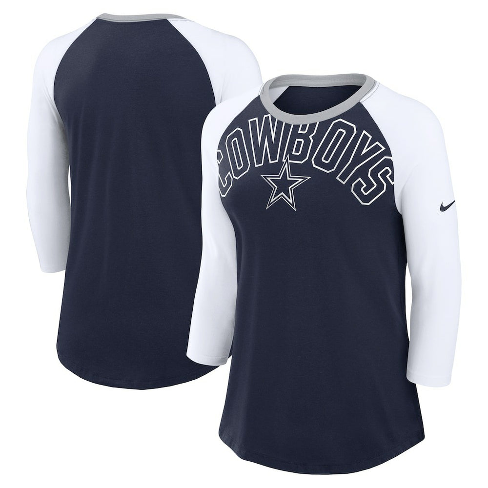 Dallas Cowboys Women's Knockout Arch Raglan Tri-Blend 3/4-Sleeve T-Shirt - Navy/White T-shirts