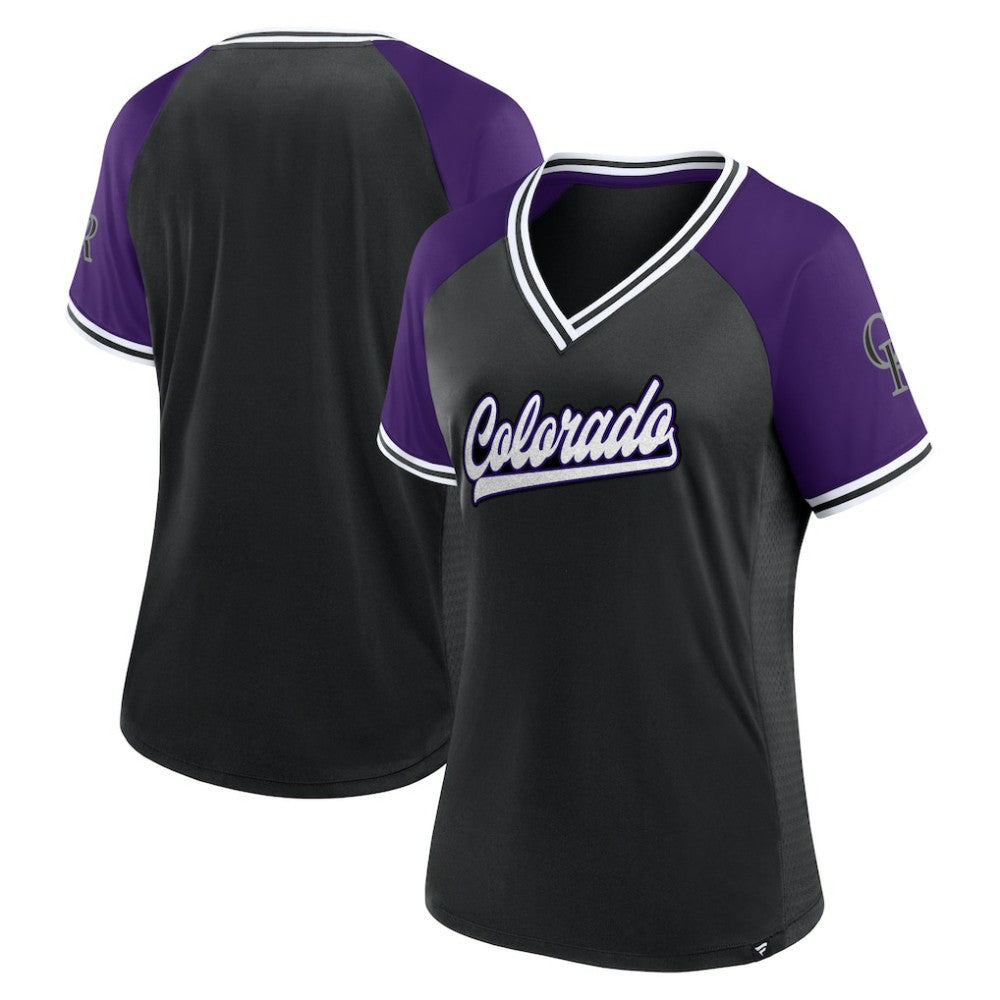 Colorado Rockies Fanatics Women's Glitz & Glam League Diva Raglan V-Neck T-Shirt - Black T-shirts