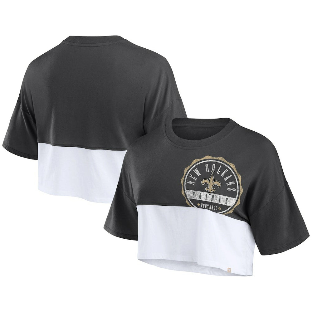 New Orleans Saints Women's Boxy Color Split Cropped T-Shirt - Black/White T-shirts